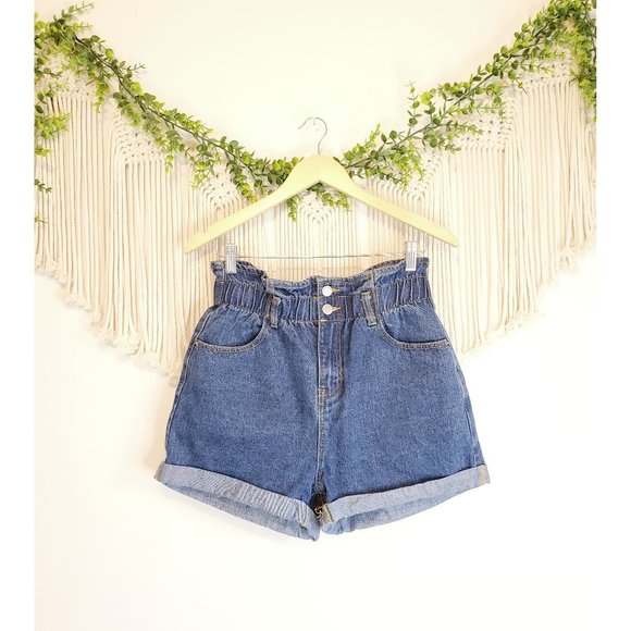 Boutique Pants - Denim Paperbag Cuffed Shorts
